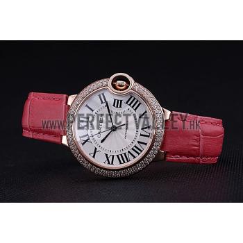 Swiss Cartier Ballon Bleu de Cartier White Dial Diamonds Case Pink Leather Bracelet  622553 Replica