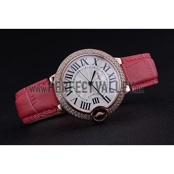 Swiss Cartier Ballon Bleu de Cartier White Dial Diamonds Case Pink Leather Bracelet  622553 Replica