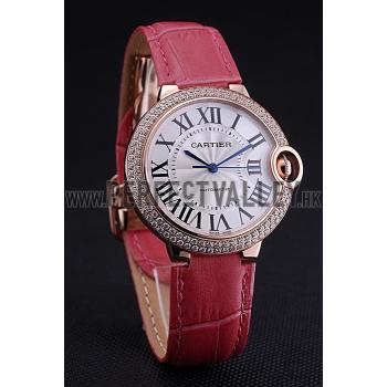 Swiss Cartier Ballon Bleu de Cartier White Dial Diamonds Case Pink Leather Bracelet  622553 Replica