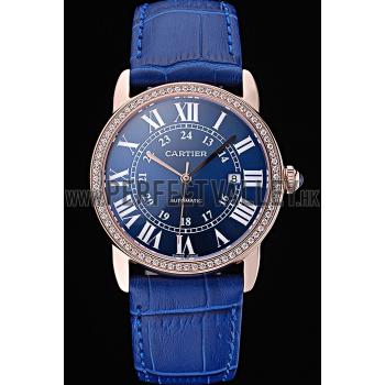 Swiss Cartier Ronde Solo Gold Diamond Case Blue Dial Roman Numerals  622208