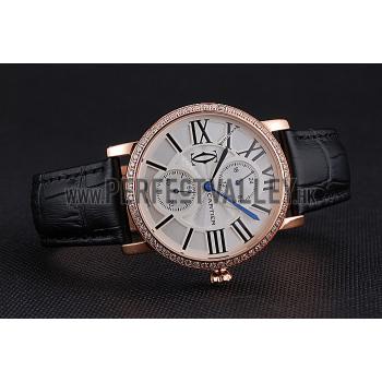 Replica Cartier Ronde Second Time Zone White Dial Gold Case With Diamonds Black Leather Strap  622809