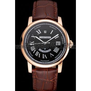 Swiss Cartier Rotonde Annual Calendar Black Dial Rose Gold Case Brown Leather Strap