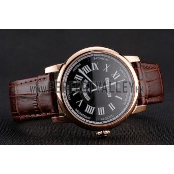 Swiss Cartier Rotonde Annual Calendar Black Dial Rose Gold Case Brown Leather Strap