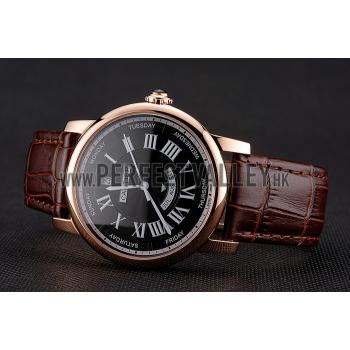 Swiss Cartier Rotonde Annual Calendar Black Dial Rose Gold Case Brown Leather Strap