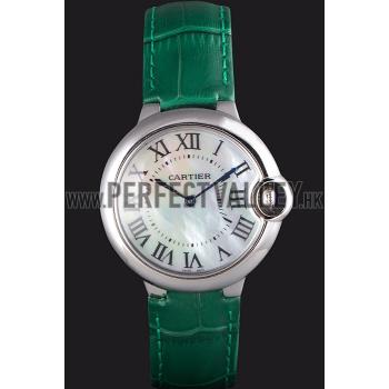 Cartier Ballon Bleu Silver Bezel with Pearl Dial Green Leather Band  621552