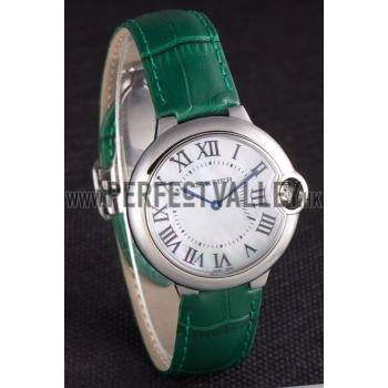 Cartier Ballon Bleu Silver Bezel with Pearl Dial Green Leather Band  621552