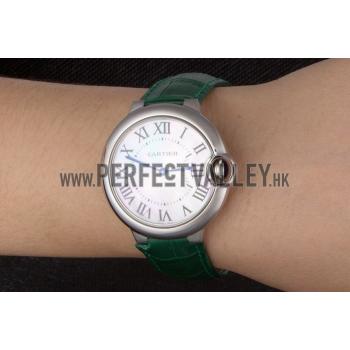 Cartier Ballon Bleu Silver Bezel with Pearl Dial Green Leather Band  621552