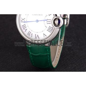 Cartier Ballon Bleu Silver Bezel with Pearl Dial Green Leather Band  621552