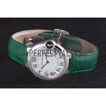 Cartier Ballon Bleu Silver Bezel with Pearl Dial Green Leather Band  621552