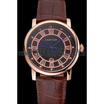 Cartier Rotonde Date Black Dial Rose Gold Case Brown Leather Strap