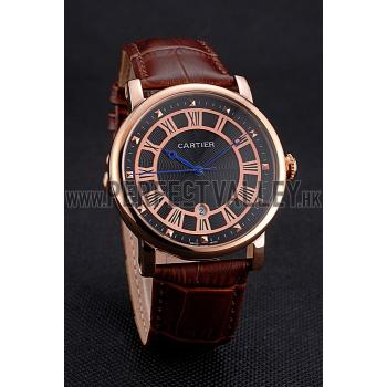 Cartier Rotonde Date Black Dial Rose Gold Case Brown Leather Strap