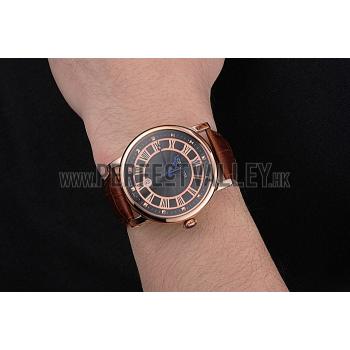 Cartier Rotonde Date Black Dial Rose Gold Case Brown Leather Strap