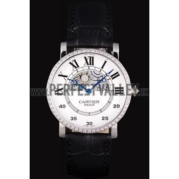 Cartier Moonphase Silver Watch with Black Leather Band ct255 621374