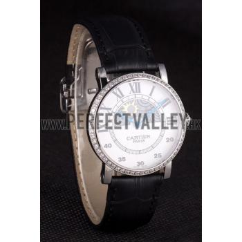 Cartier Moonphase Silver Watch with Black Leather Band ct255 621374