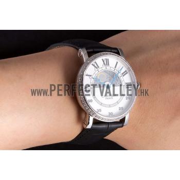 Cartier Moonphase Silver Watch with Black Leather Band ct255 621374