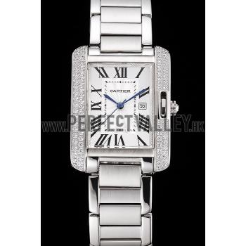 Cartier Tank Anglaise 30mm White Dial Diamonds Steel Case Stainless Steel Bracelet