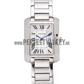 Cartier Tank Anglaise 30mm White Dial Diamonds Steel Case Stainless Steel Bracelet