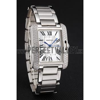 Cartier Tank Anglaise 30mm White Dial Diamonds Steel Case Stainless Steel Bracelet