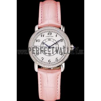 Replica Cartier Ronde White Dial Diamond Bezel Stainless Steel Case Pink Leather Strap