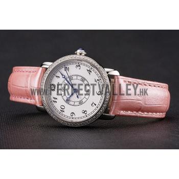 Replica Cartier Ronde White Dial Diamond Bezel Stainless Steel Case Pink Leather Strap