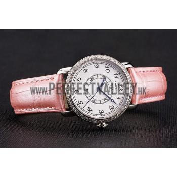 Replica Cartier Ronde White Dial Diamond Bezel Stainless Steel Case Pink Leather Strap