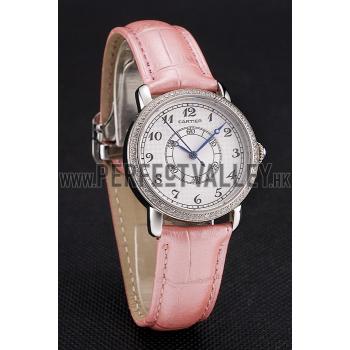 Replica Cartier Ronde White Dial Diamond Bezel Stainless Steel Case Pink Leather Strap