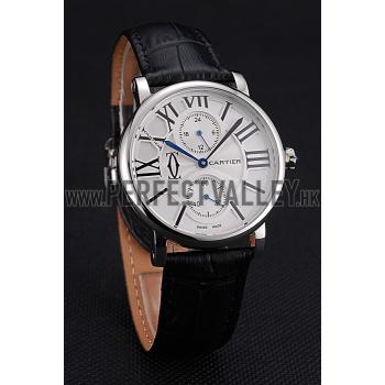 Cartier Ronde Second Time Zone White Dial Stainless Steel Case Black Leather Strap  622798