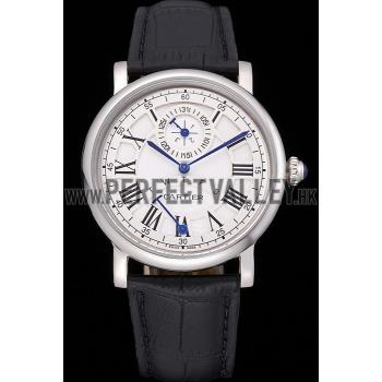 Cartier Rotonde White Dial Stainless Steel Case Black Leather Strap  622757