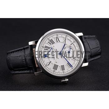 Cartier Rotonde White Dial Stainless Steel Case Black Leather Strap  622757