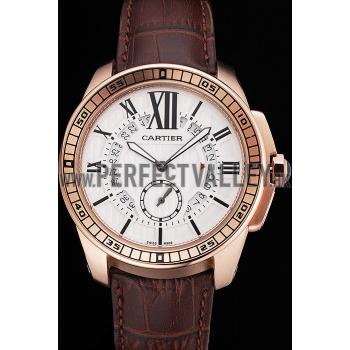 Cartier Calibre De Cartier Small Seconds White Dial Rose Gold Case Brown Leather Strap