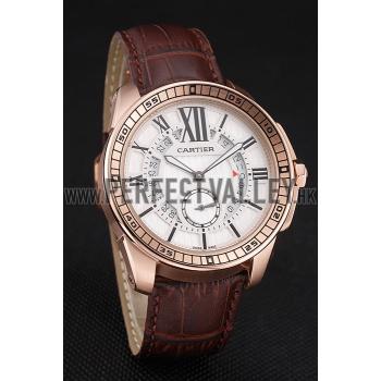 Cartier Calibre De Cartier Small Seconds White Dial Rose Gold Case Brown Leather Strap