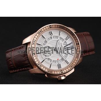 Cartier Calibre De Cartier Small Seconds White Dial Rose Gold Case Brown Leather Strap