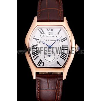 Replica Cartier Tortue Large Date White Dial Gold Case Brown Leather Strap