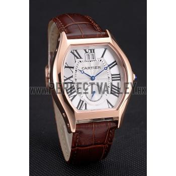 Replica Cartier Tortue Large Date White Dial Gold Case Brown Leather Strap