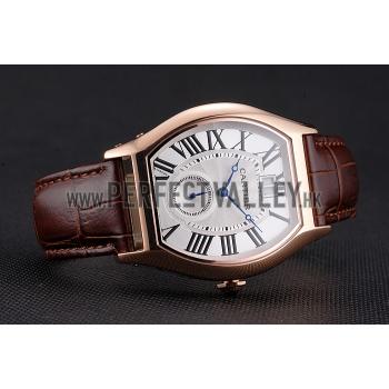 Replica Cartier Tortue Large Date White Dial Gold Case Brown Leather Strap