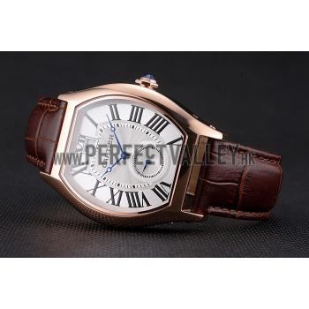 Replica Cartier Tortue Large Date White Dial Gold Case Brown Leather Strap