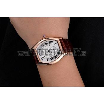 Replica Cartier Tortue Large Date White Dial Gold Case Brown Leather Strap