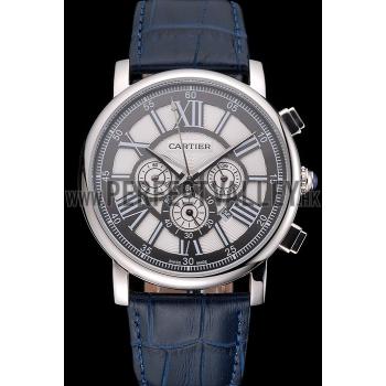 Cartier Rotonde Chronograph Black And White Dial Stainless Steel Case Blue Leather Strap