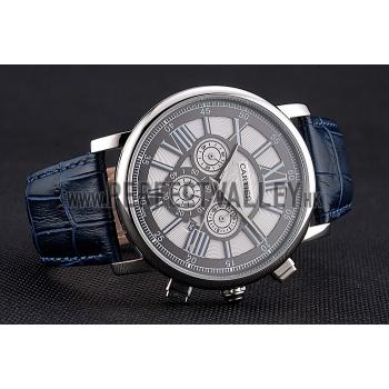 Cartier Rotonde Chronograph Black And White Dial Stainless Steel Case Blue Leather Strap