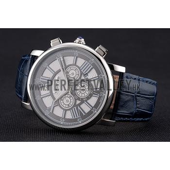 Cartier Rotonde Chronograph Black And White Dial Stainless Steel Case Blue Leather Strap