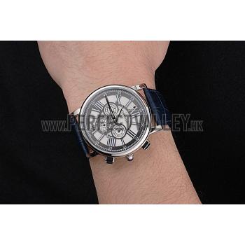 Cartier Rotonde Chronograph Black And White Dial Stainless Steel Case Blue Leather Strap