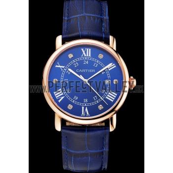 Cartier Ronde Solo Blue Dial Diamond Hour Marks Rose Gold Case Blue Leather Strap