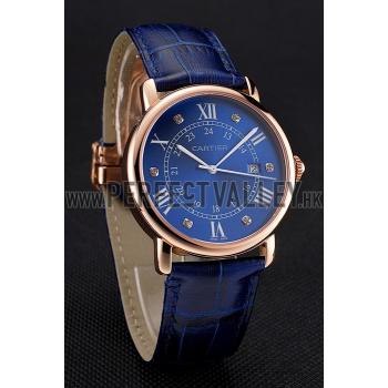 Cartier Ronde Solo Blue Dial Diamond Hour Marks Rose Gold Case Blue Leather Strap