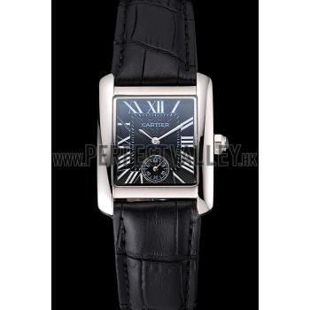 Cartier Tank MC Stainless Steel Case Black Dial Black Leather Strap  622174