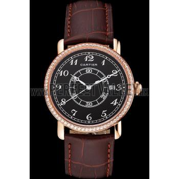 Replica Cartier Ronde Solo Black Dial Diamond Bezel Rose Gold Case Brown Leather Strap