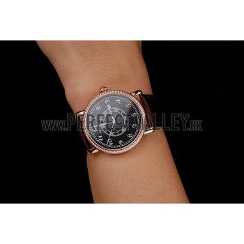 Replica Cartier Ronde Solo Black Dial Diamond Bezel Rose Gold Case Brown Leather Strap