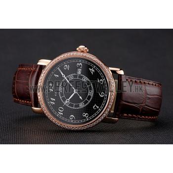 Replica Cartier Ronde Solo Black Dial Diamond Bezel Rose Gold Case Brown Leather Strap