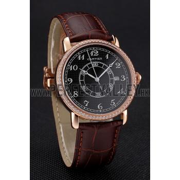 Replica Cartier Ronde Solo Black Dial Diamond Bezel Rose Gold Case Brown Leather Strap