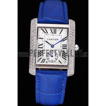 Cartier Tank MC Stainless Steel Diamond Case White Dial Blue Leather Strap  622172