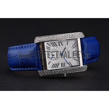 Cartier Tank MC Stainless Steel Diamond Case White Dial Blue Leather Strap  622172